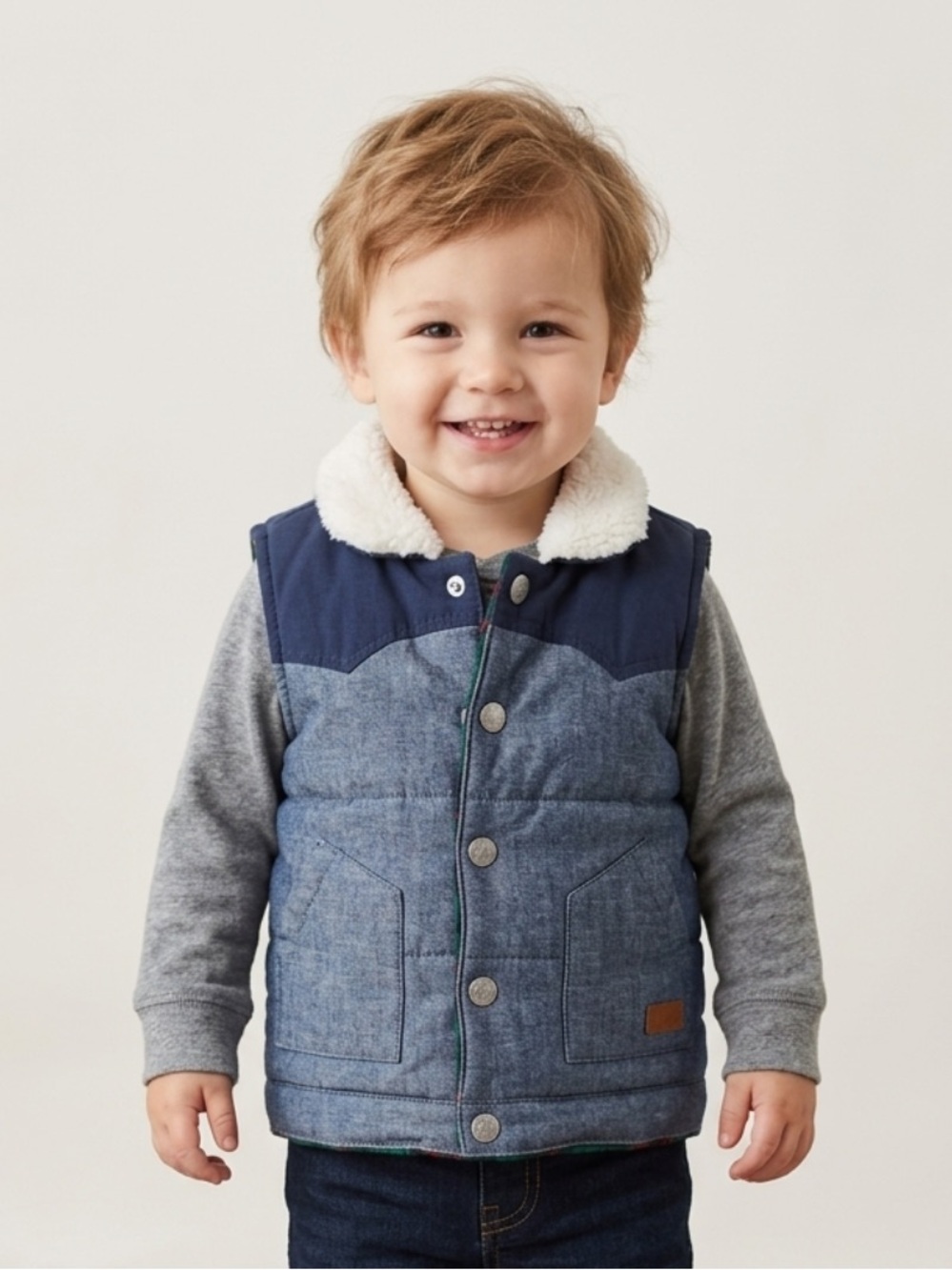 7 For All Mankind Toddler Blue Quilted Vest with Sherpa Collar, 100% Cotton